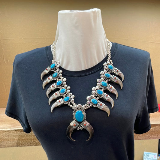 Bear Claw, Turquoise, & Coral 23” Necklace