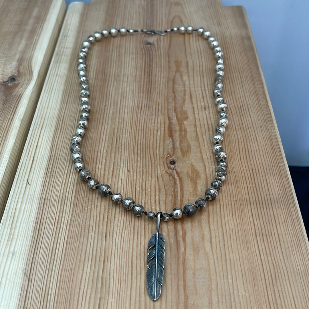 Vintage Silver Beads with Feather 22” Necklace