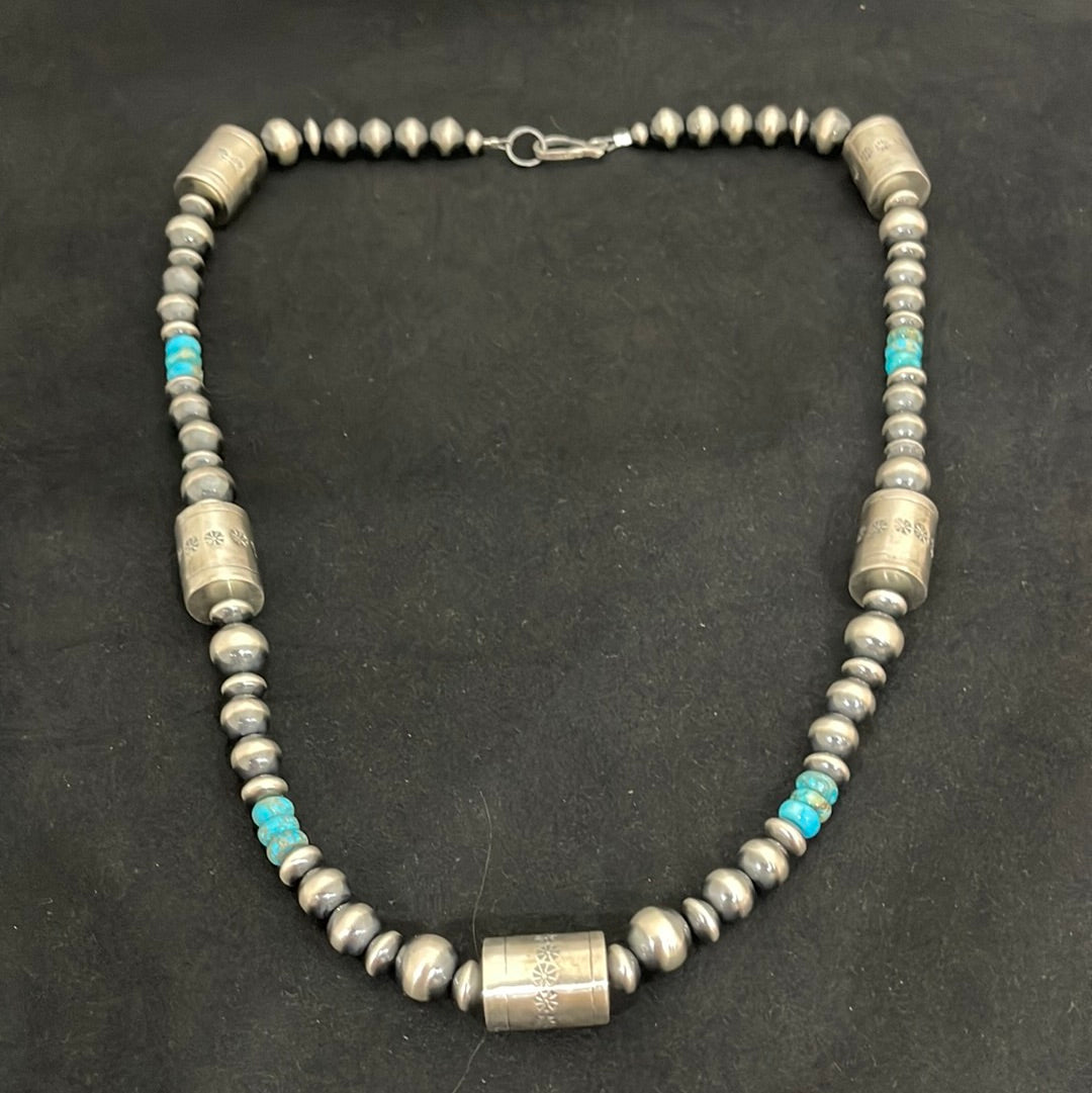 28" Necklace with Barrel Beads, Navajo Pearls, and Turquoise