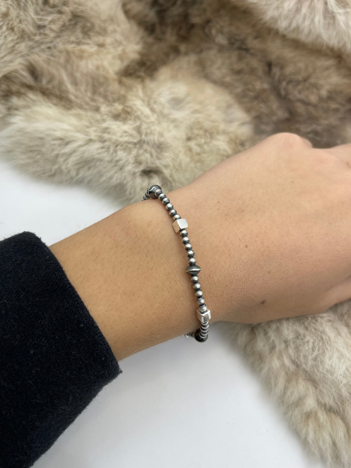 6.75” + Stretchy Navajo Style Pearls with Cube Beads Bracelet