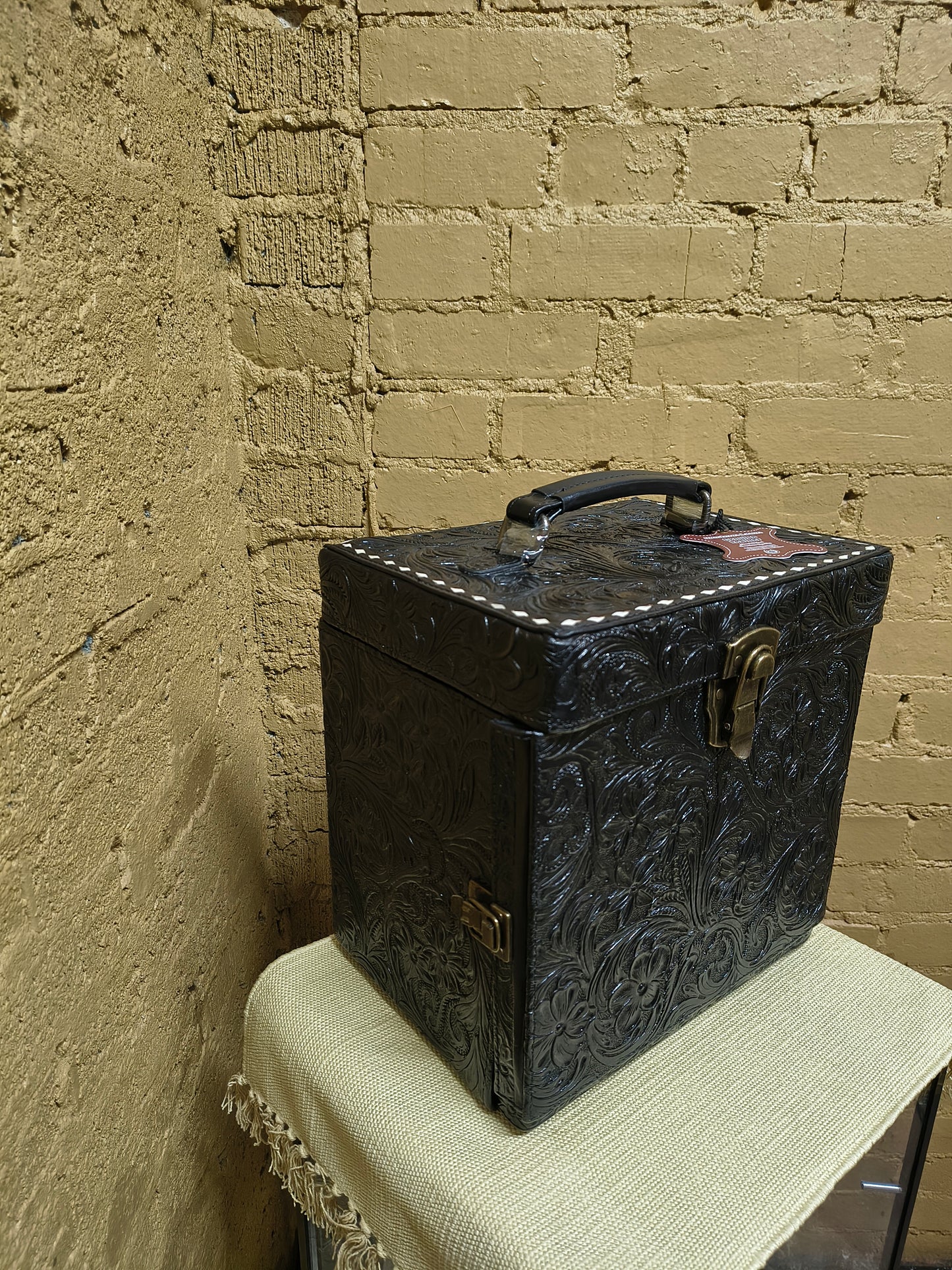 Black Leather Tooled Train Case Jewelry Box
