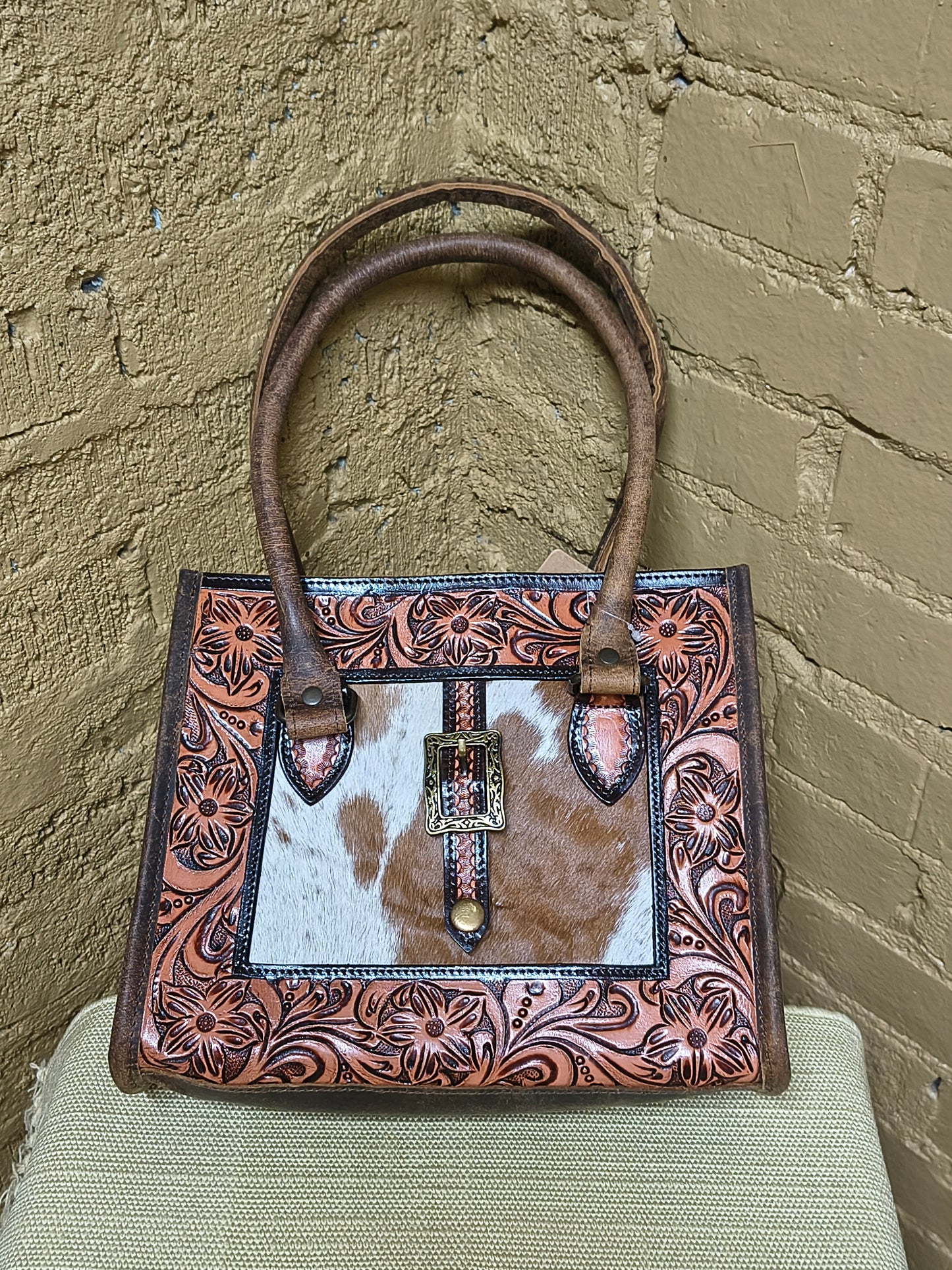 Brown Tooled Leather Small Tote Handbag w Strap