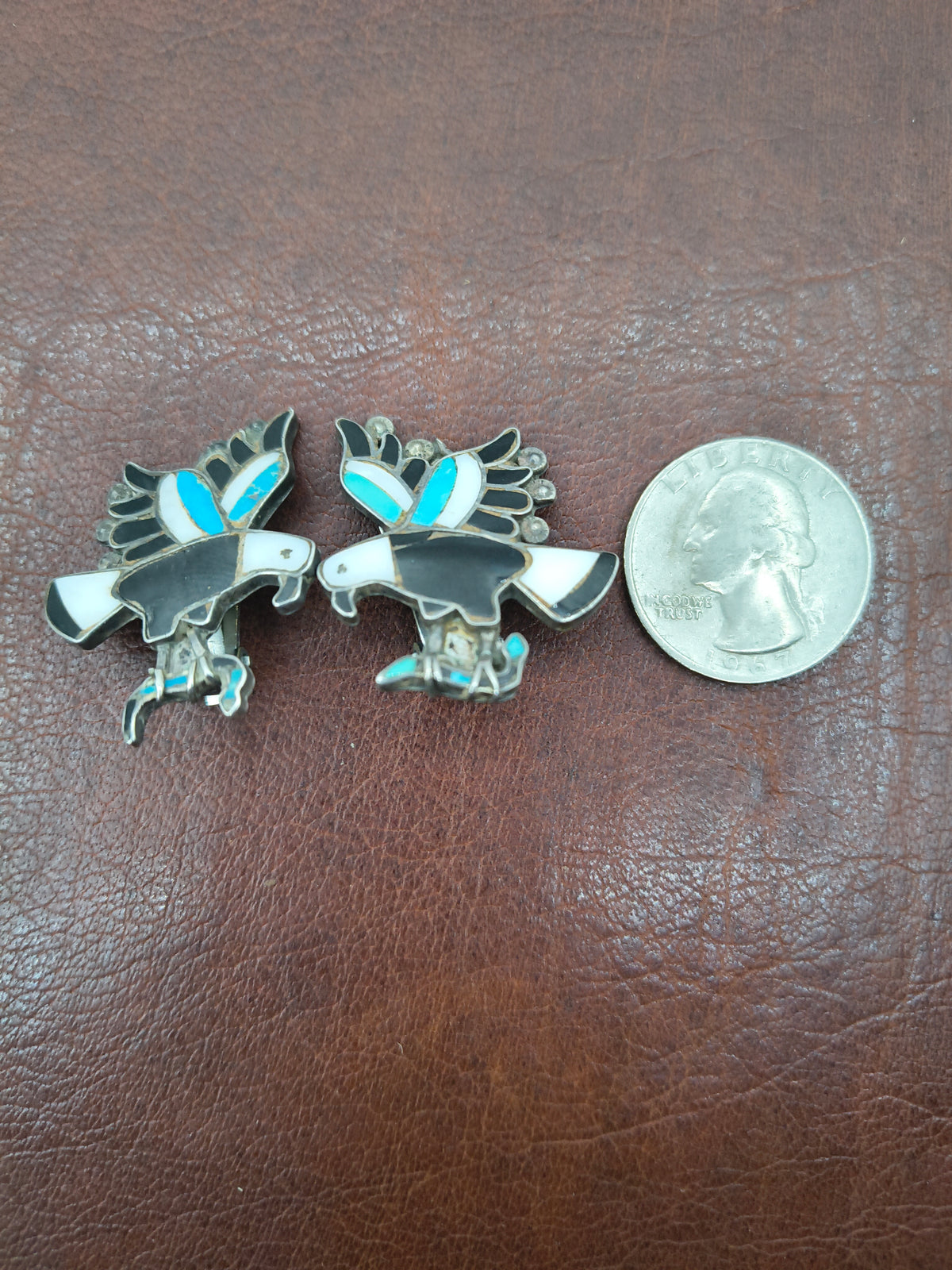 Vintage Inlaid Eagle Pin and Clip on Earrings