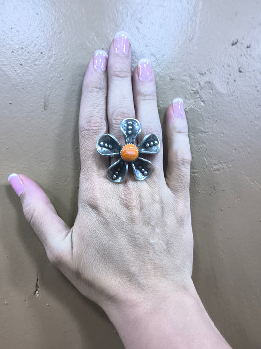 Spiny Oyster Shell Mercury Dime Adjustable Flower Ring by James Begay, Jr., Navajo