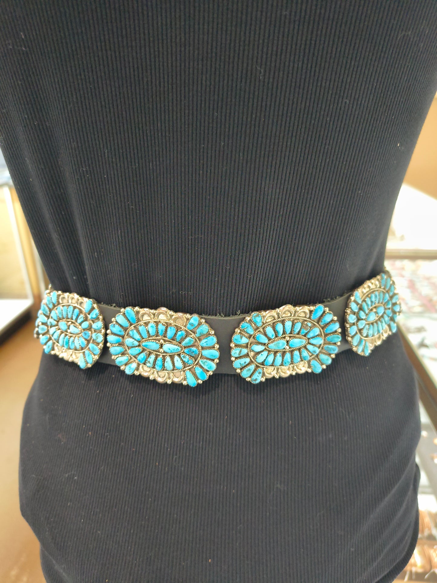 Sleeping Beauty Turquoise Cluster Teardrop 50" Leather Concho Belt