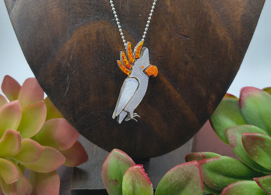 18” Citron-Crested Cockatoo Mother of Pearl, Orange Opal Inlay in Pin/Pendant