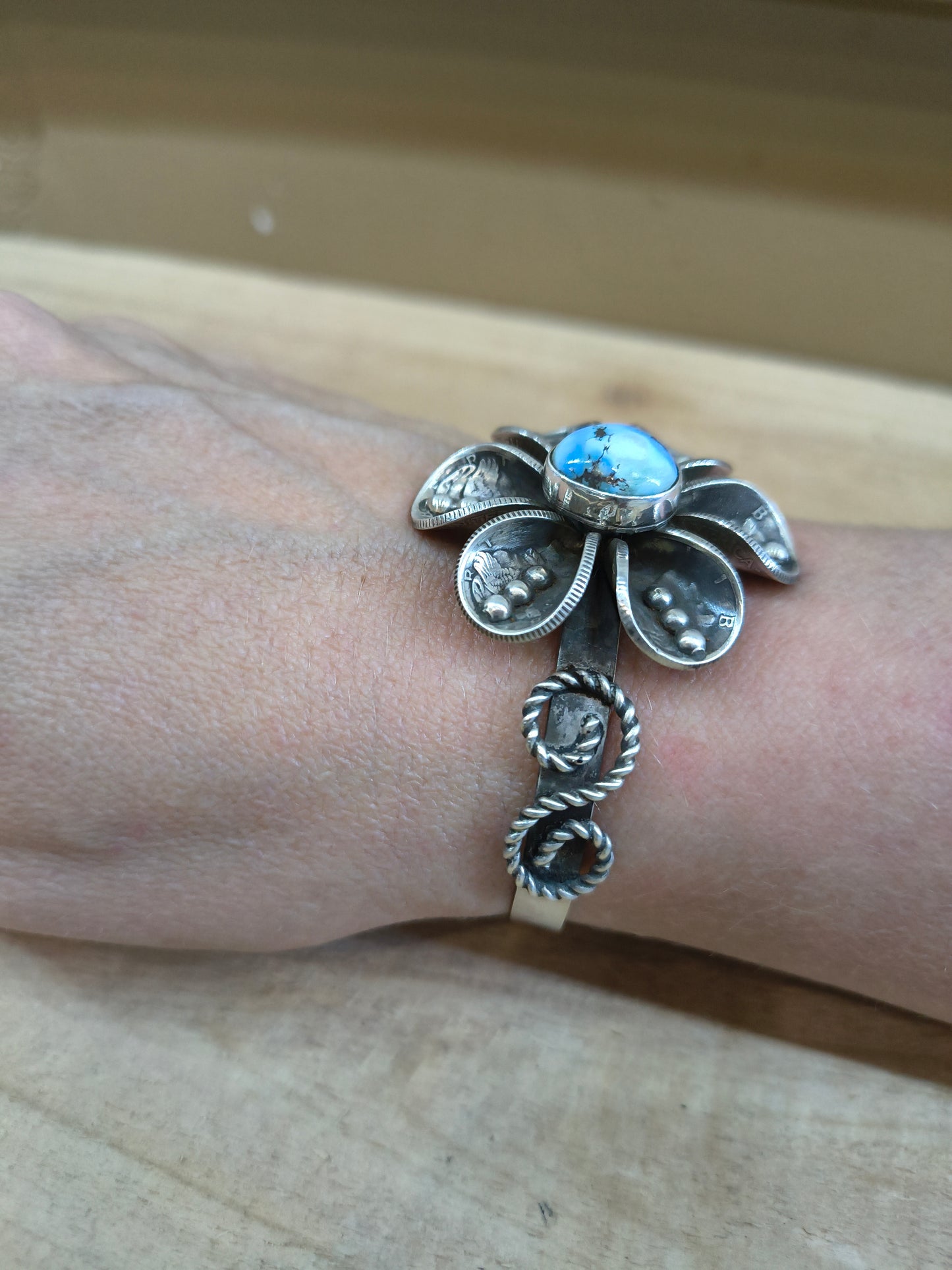 Golden Hills Turquoise with Mercury Dime Flower Cuff by James Begay, Jr., Navajo