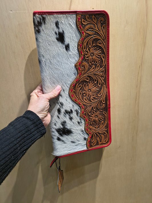 Medium Red Tooled Leather and Cowhide Necklace Flat Jewelry Holder