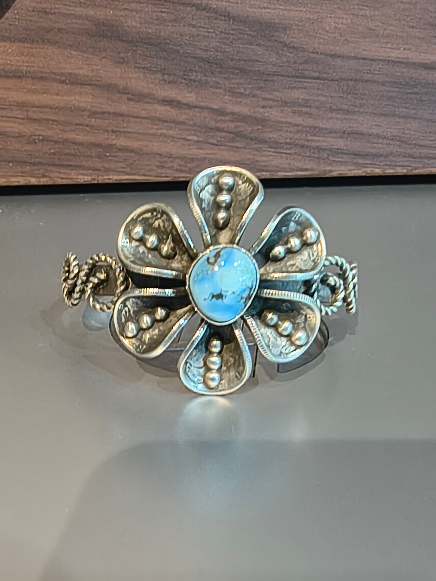 Golden Hills Turquoise with Mercury Dime Flower Cuff by James Begay, Jr., Navajo