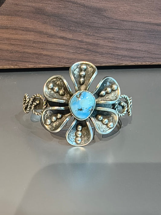 Golden Hills Turquoise with Mercury Dime Flower Cuff by James Begay, Jr., Navajo