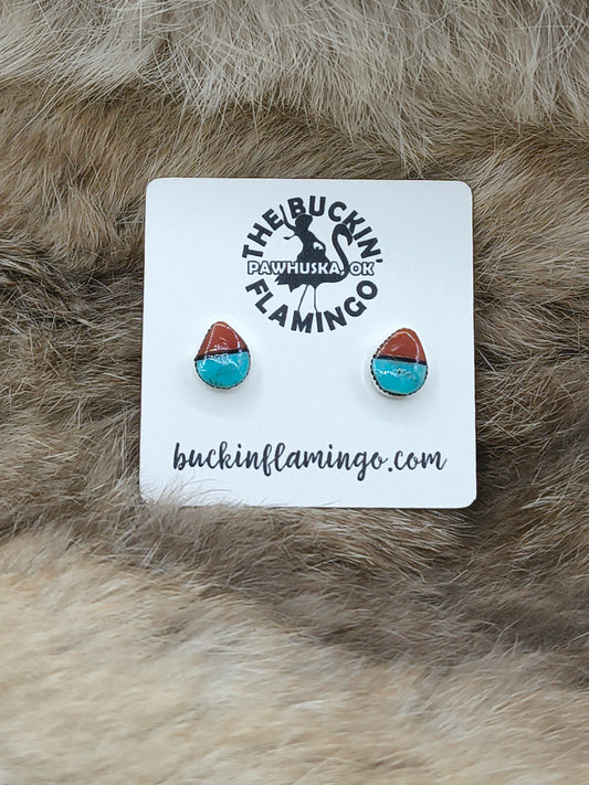 Red Coral, Black Onyx & Turquoise Tiny Teardrop Earrings by Rosaline Bradley, Zuni