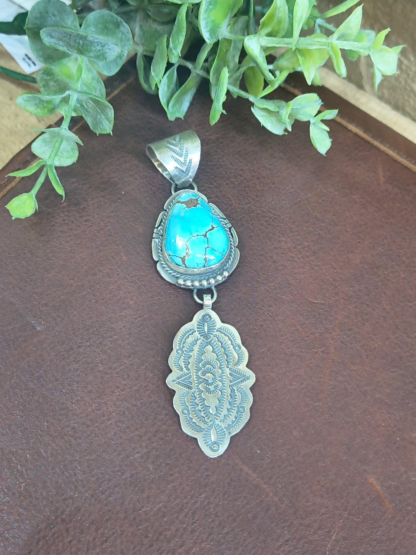Egyptian Turquoise Pendant 12.5mm Bail with Drop Stamped Silver by John Nelson, Navajo