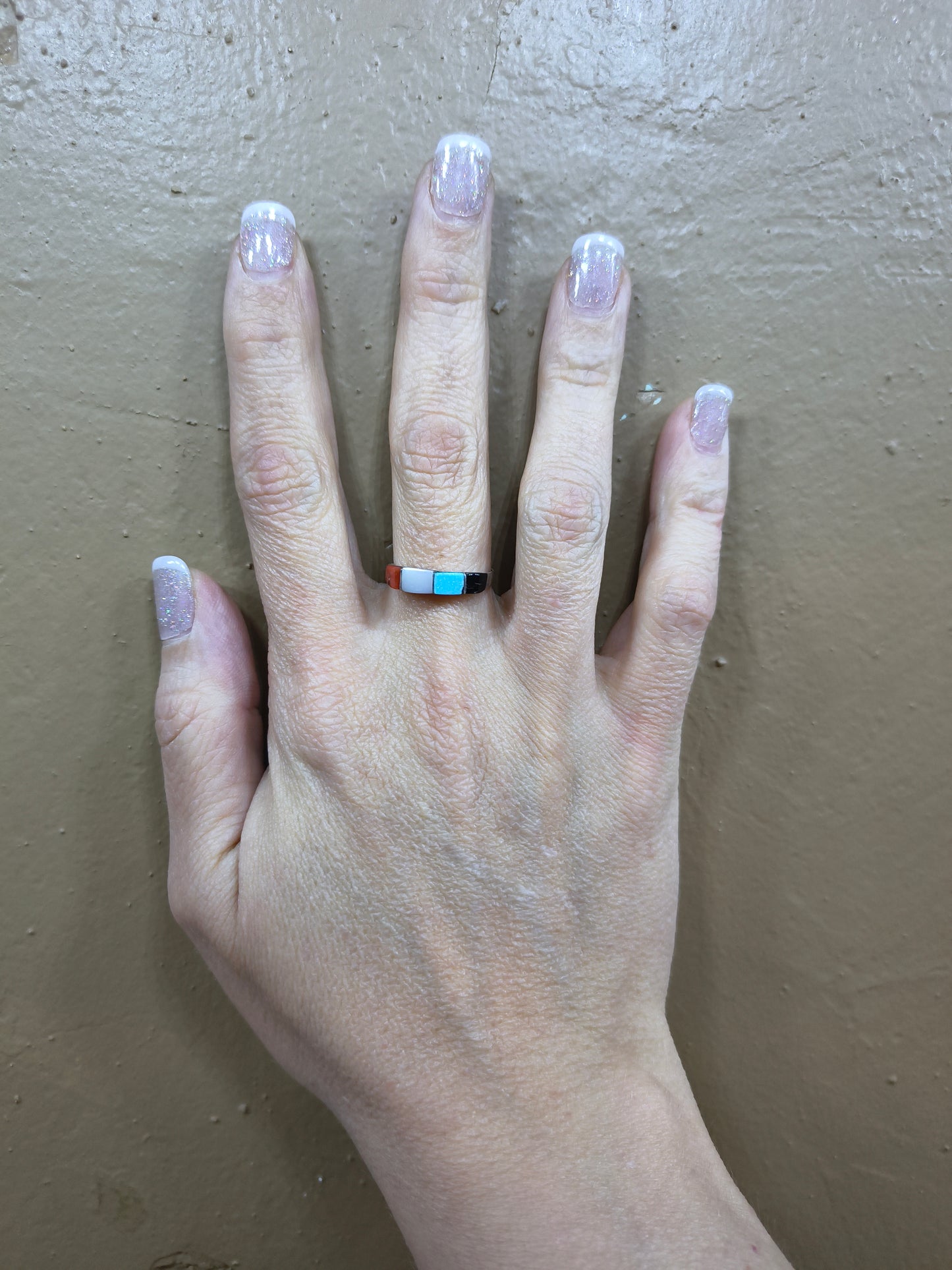 Size 7.5 -Turquoise, Coral, Black Jet, and Mother of Pearl Ring