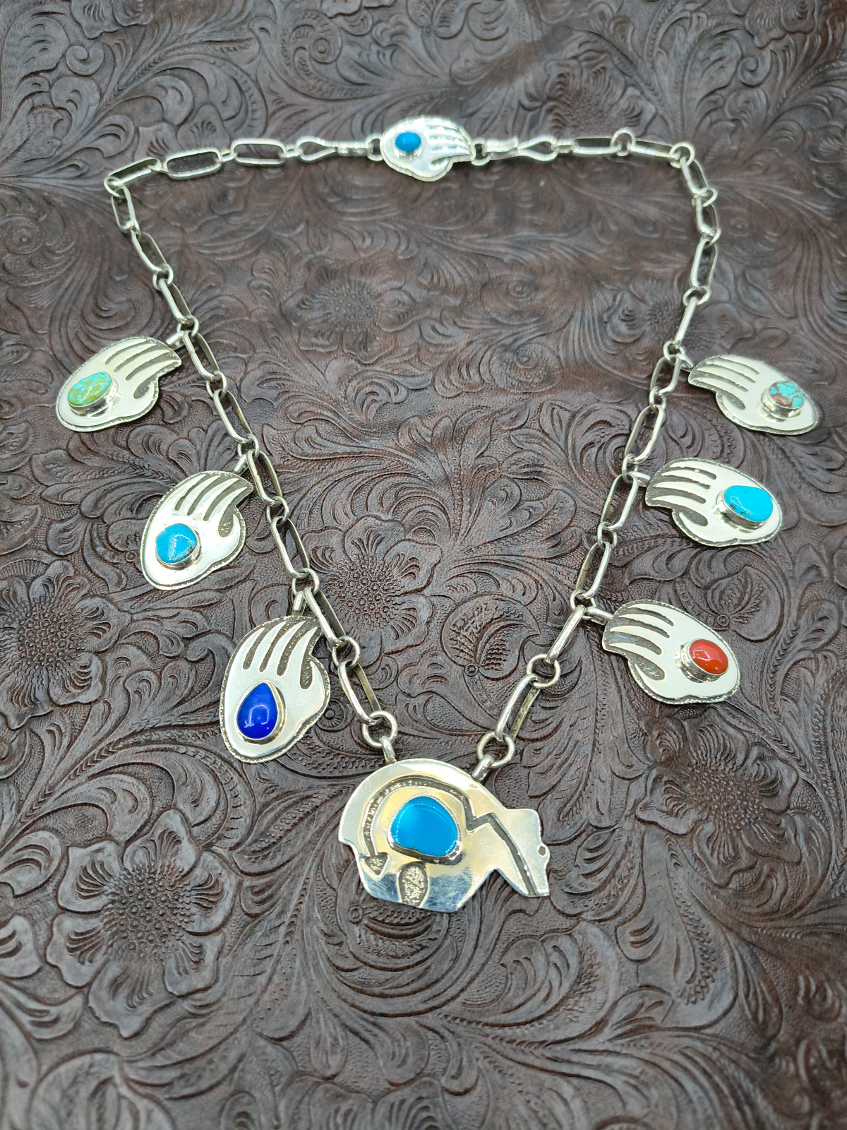 4 Piece Set by Marie Jackson, Navajo-Ring Size 8.0, 23” Handmade Chain with Sleeping Beauty Turquoise, Lapis, and Coral.