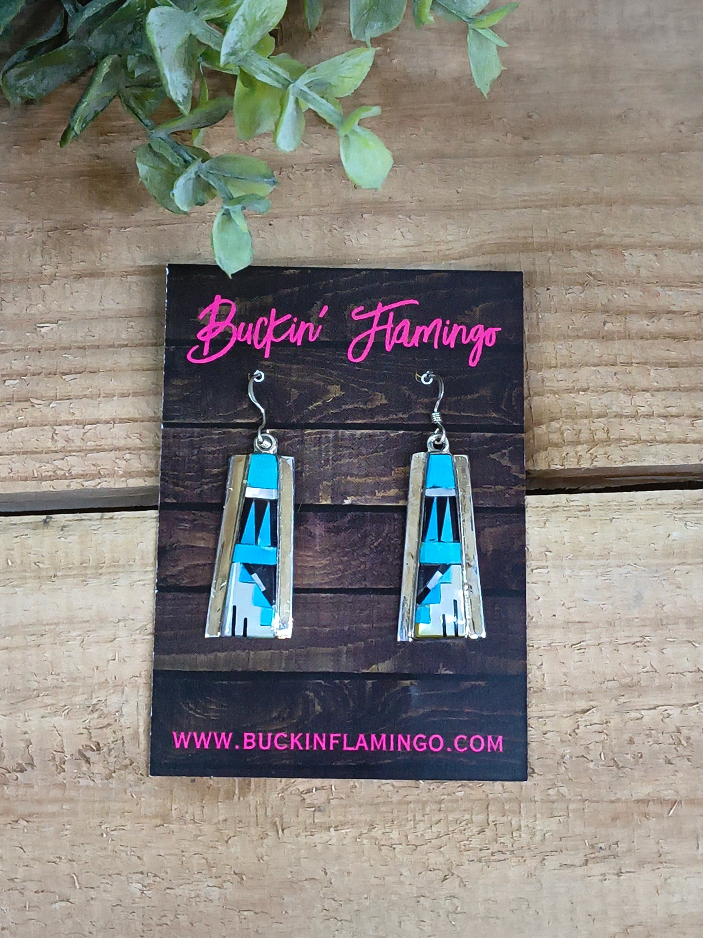 Inlaid Turquoise, Onyx, Mother of Pearl, and Red Coral Earrings by Patty Edaakie, Zuni