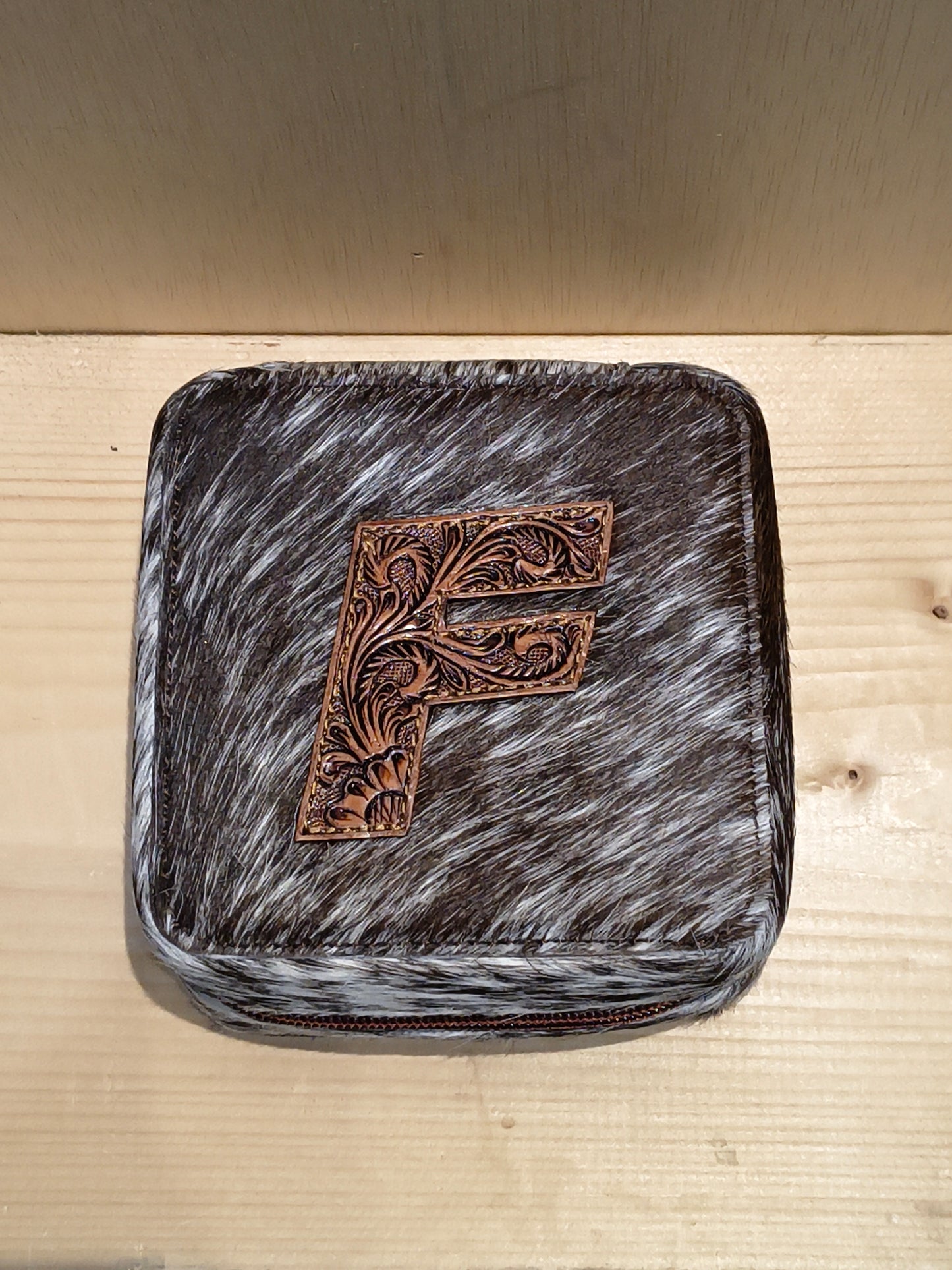 Small Square Cowhide/ Tooled Letter Jewelry Box