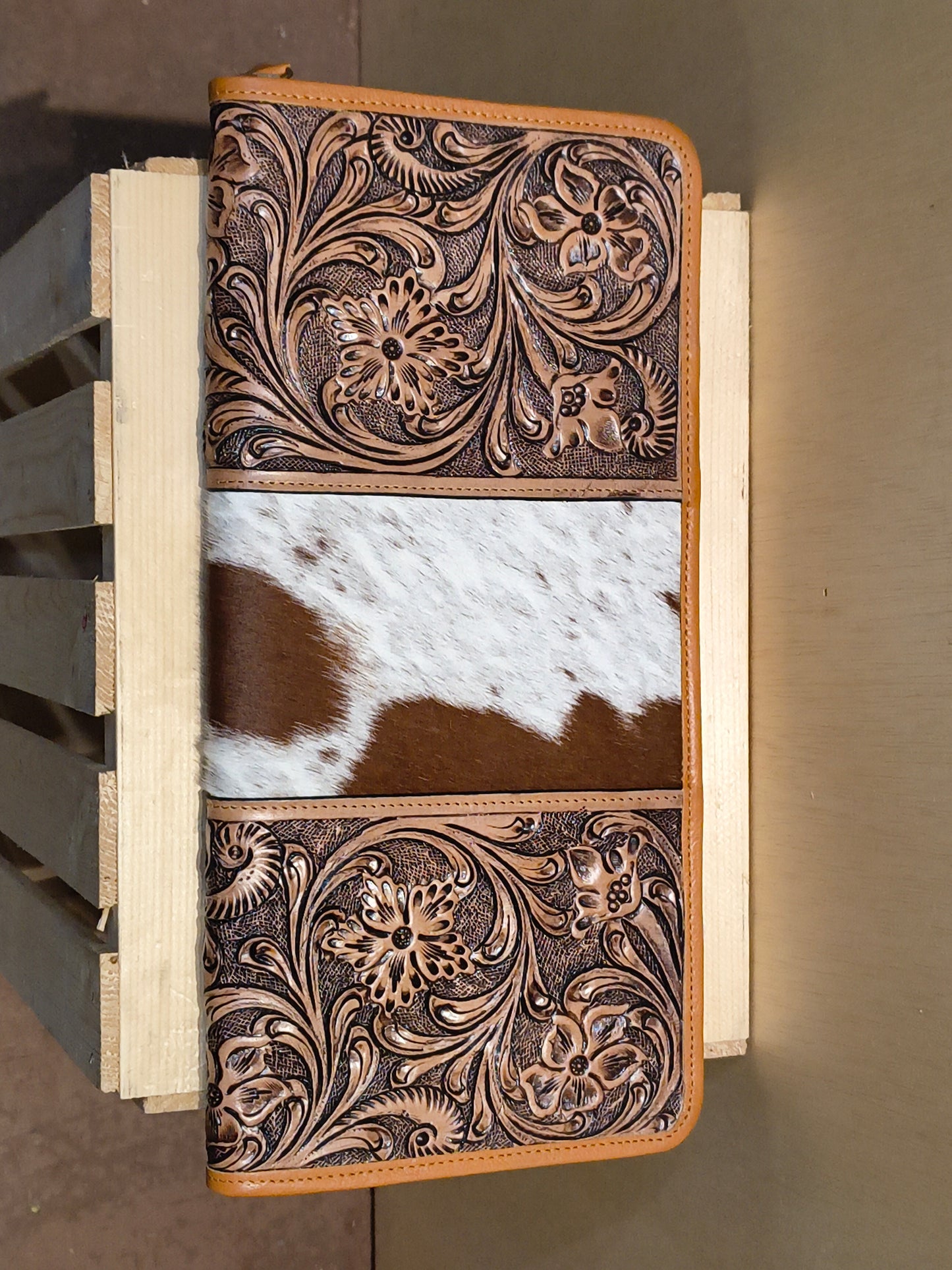 Medium Brown Tooled Leather and Cowhide Necklace Flat Jewelry Holder