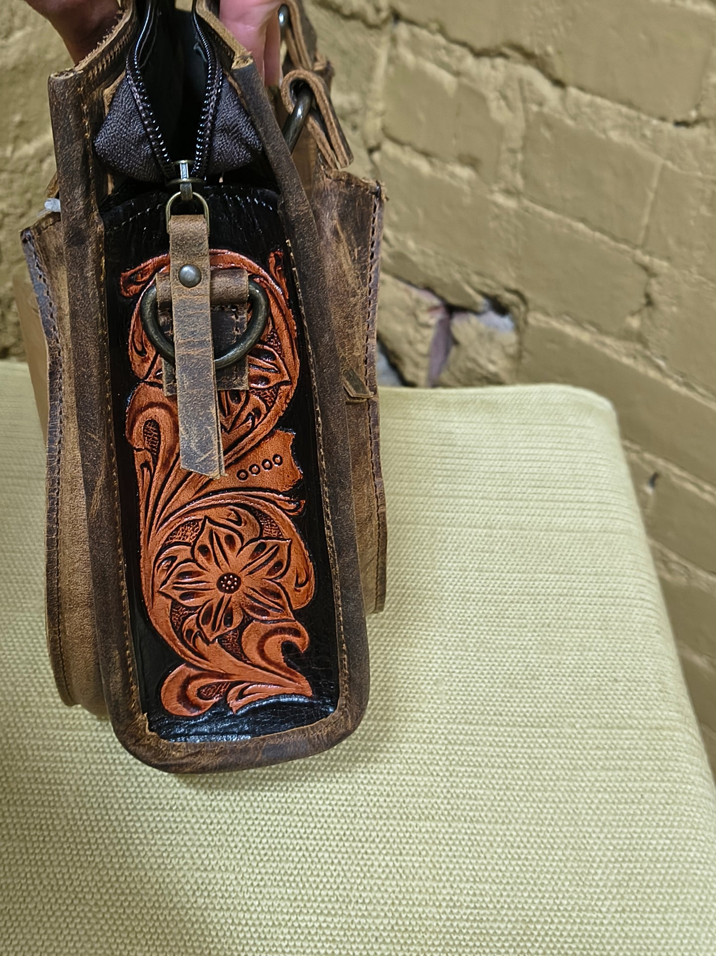 Brown Tooled Leather Small Tote Handbag w Strap