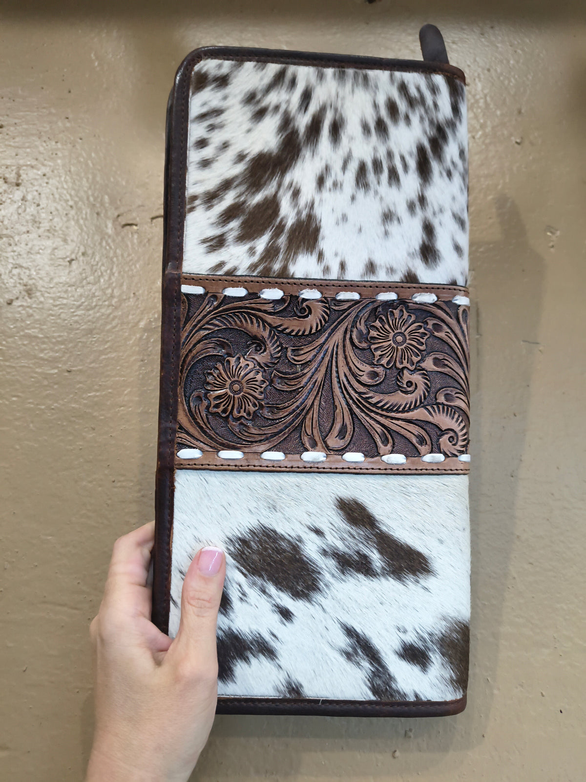 Spotted Brown Tooled Leather and Cowhide Necklace Flat Jewelry Holder
