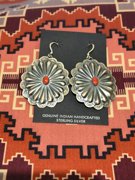 Sterling Silver Concho with Coral Dangle Earrings