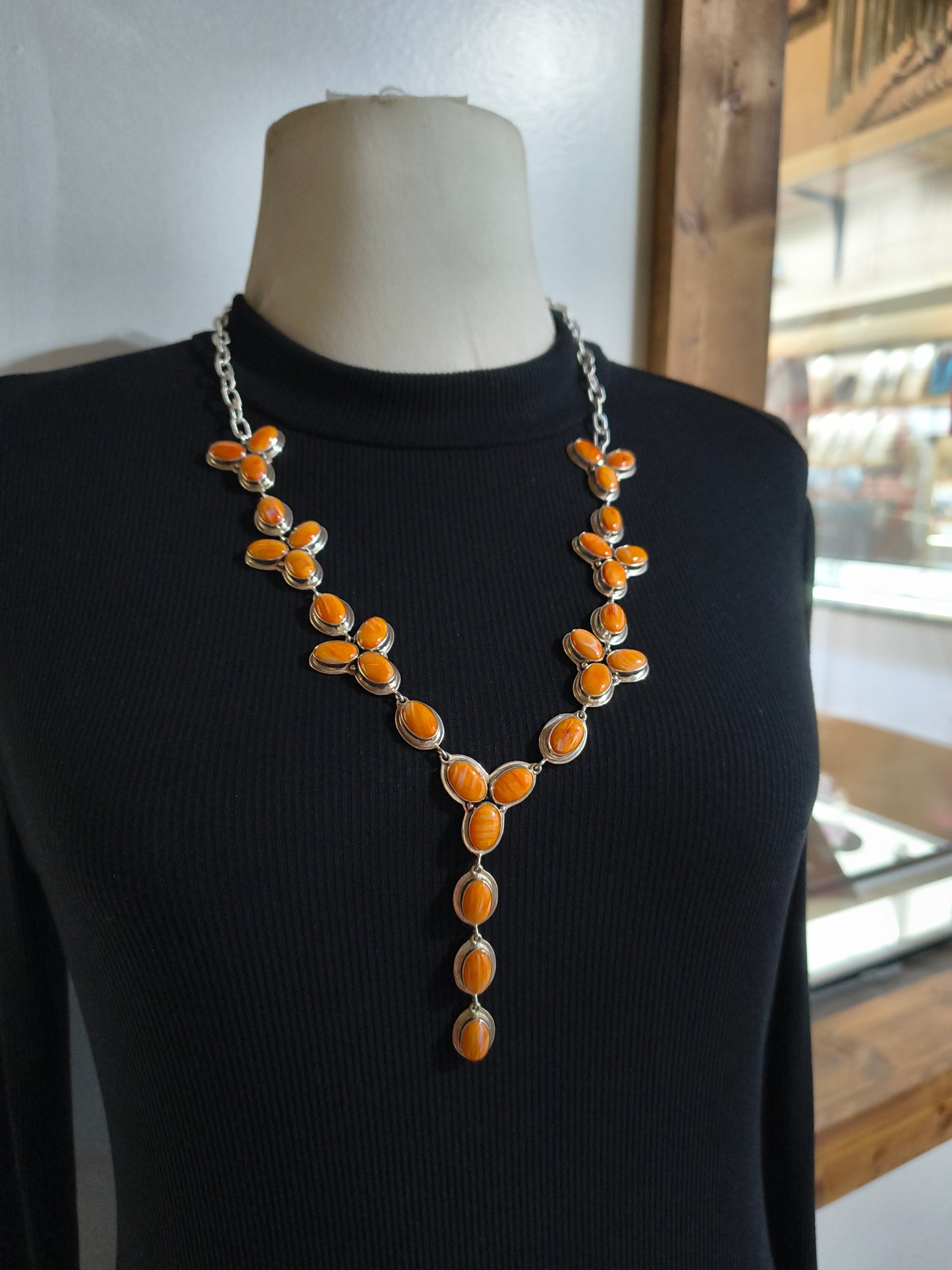28" Orange Spiny Oyster Shell Lariat Necklace, Navajo Made