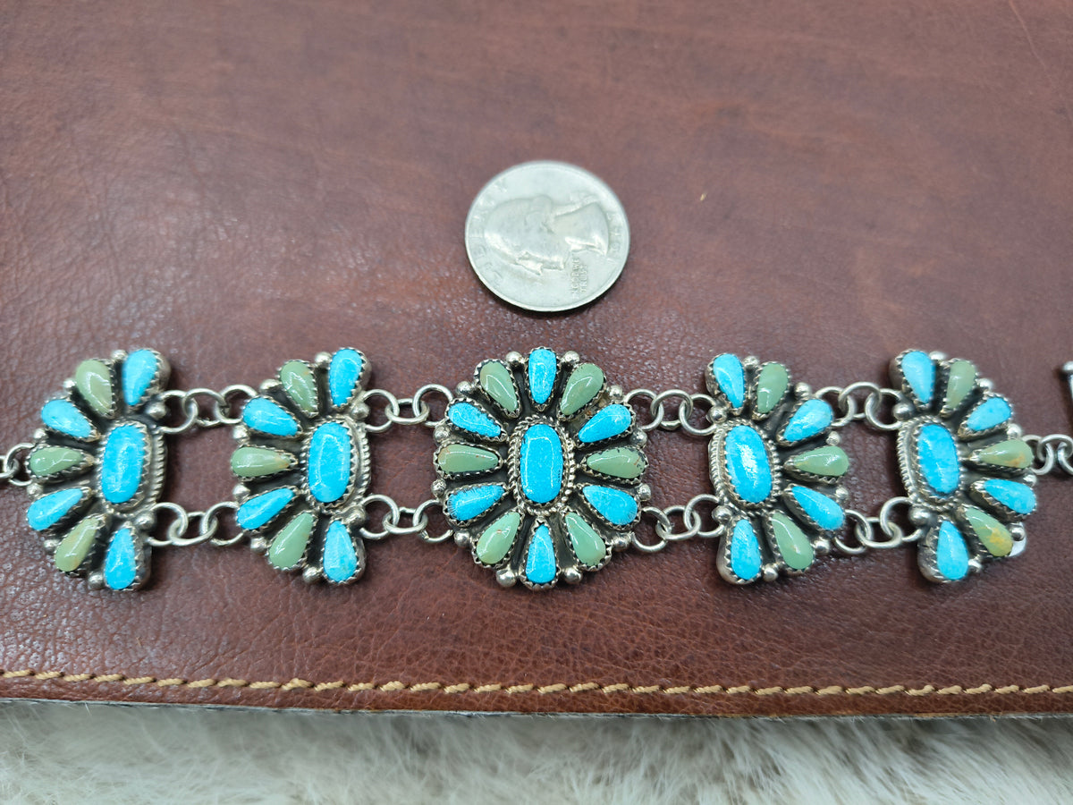 Two-tone Turquoise Cluster Link Bracelet by Alicia Wilson, Navajo