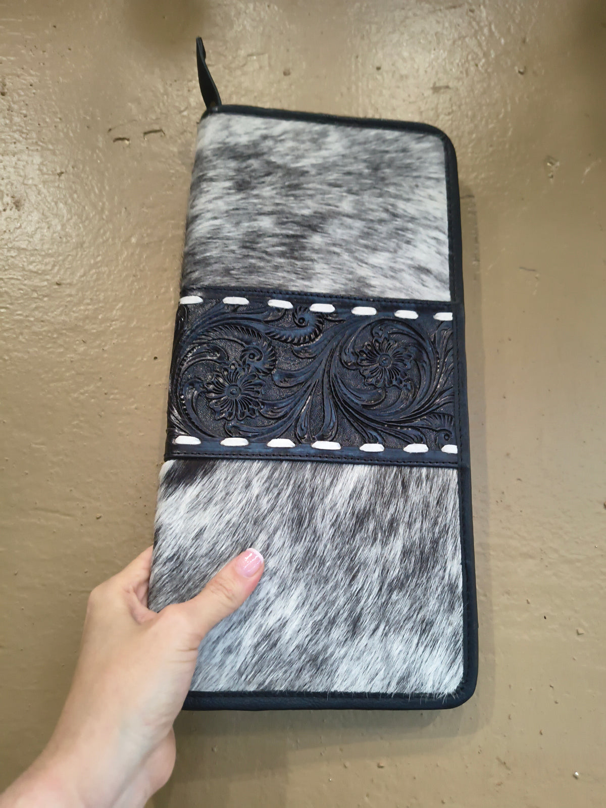 Spotted Black Tooled Leather and Cowhide Necklace Flat Jewelry Holder