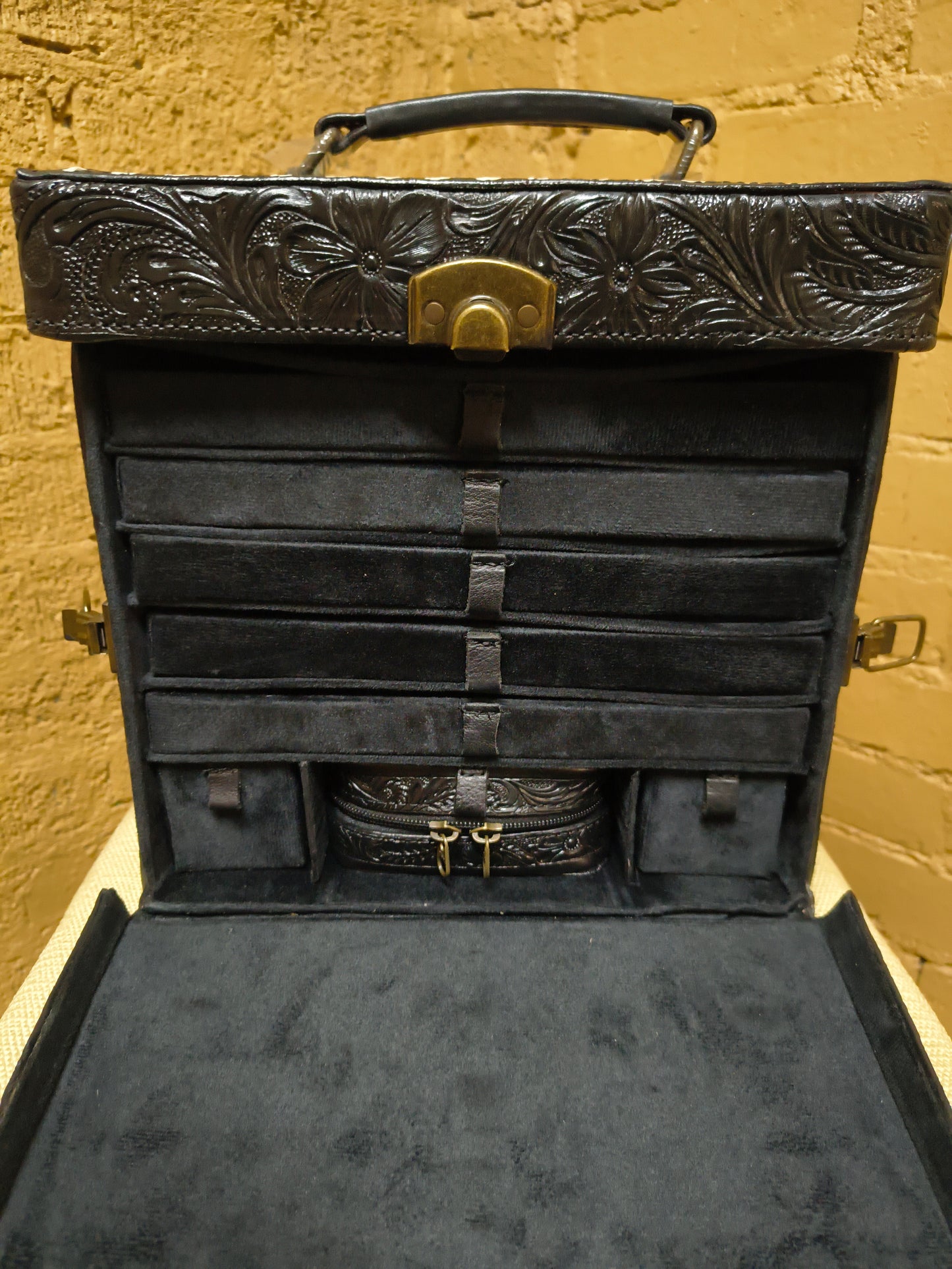 Black Leather Tooled Train Case Jewelry Box