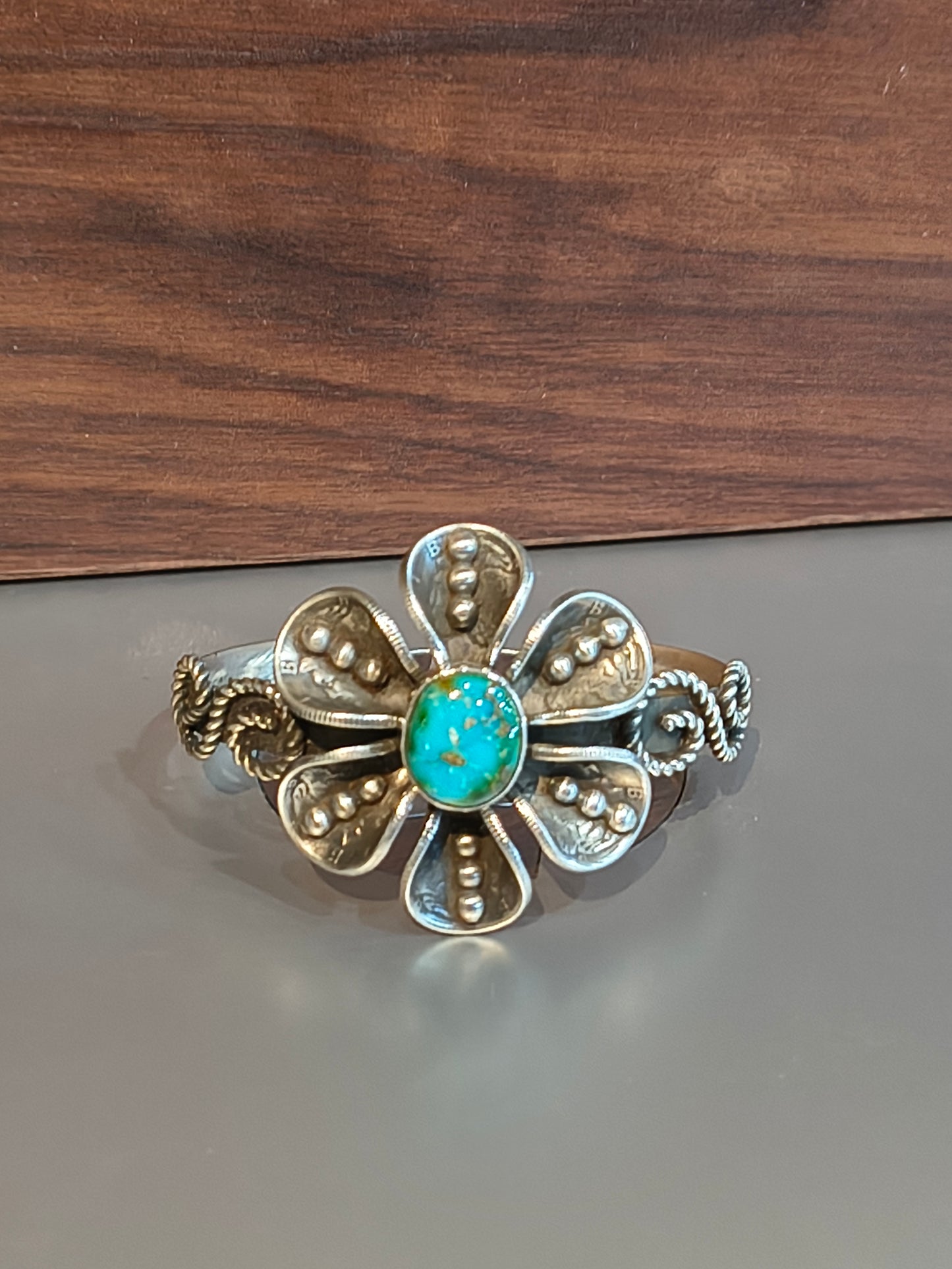 Sonoran Gold Turquoise with Mercury Dime Flower Cuff by James Begay, Jr., Navajo