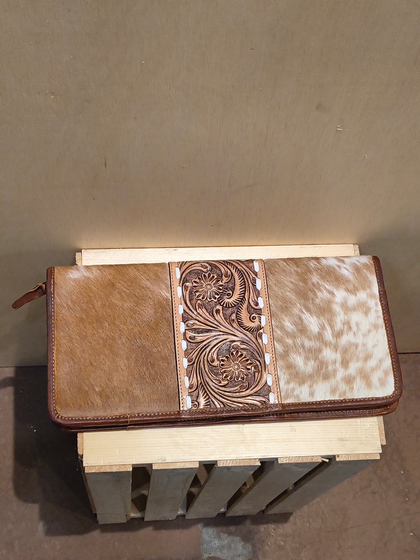 Medium Brown Tooled Leather and Cowhide Necklace Flat Jewelry Holder