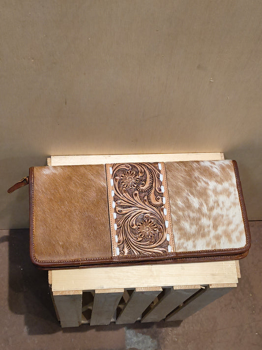 Medium Brown Tooled Leather and Cowhide Necklace Flat Jewelry Holder