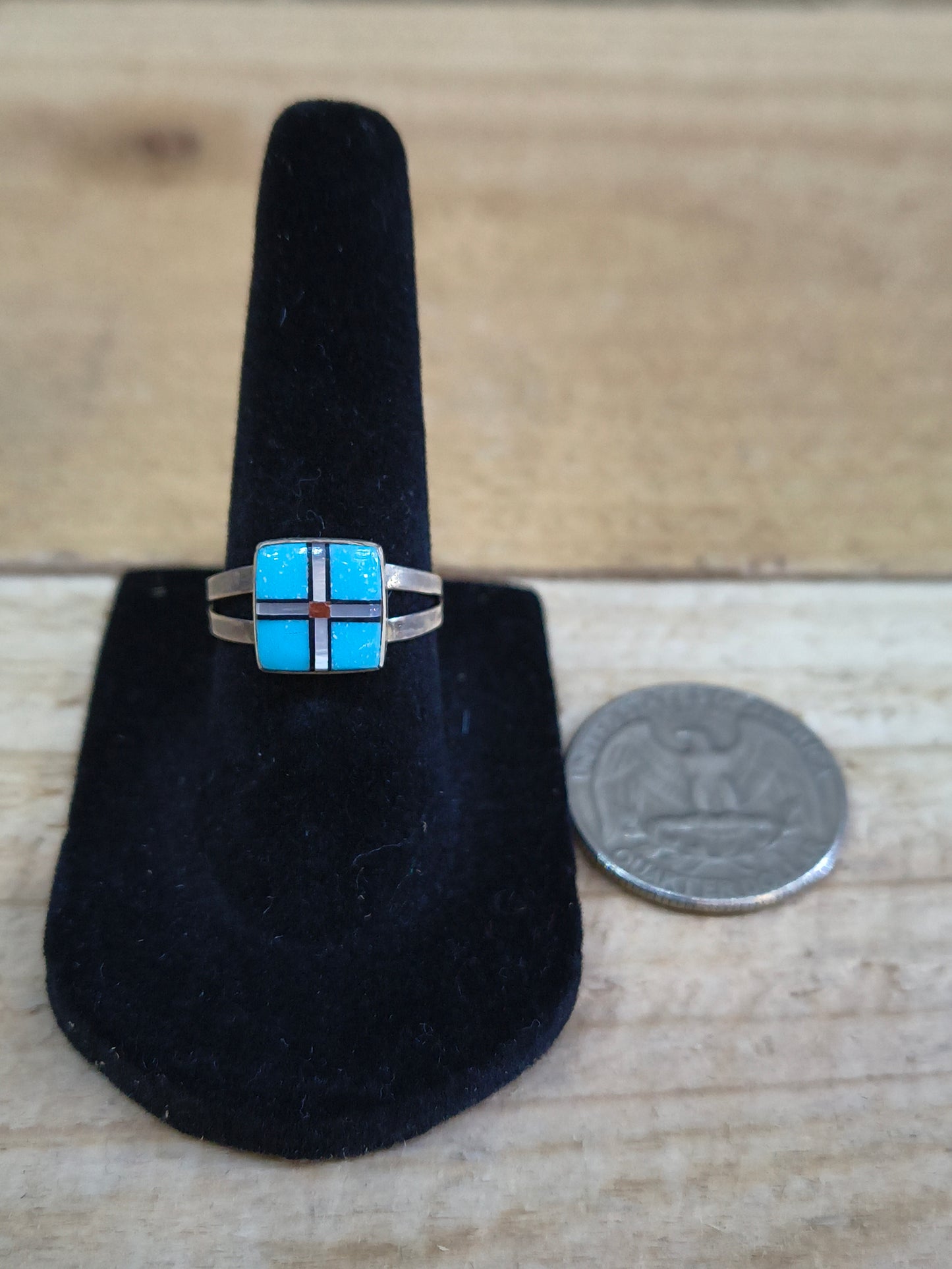 Turquoise, Mother of Pearl, Black Jet Inlay Ring