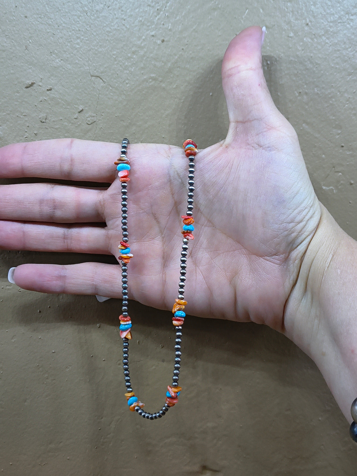 19" 3mm Navajo Style Pearls with Orange Spiny Oyster and Turquoise Chunks