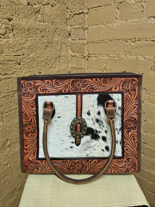 Brown Tooled Leather Large Tote Handbag w Strap