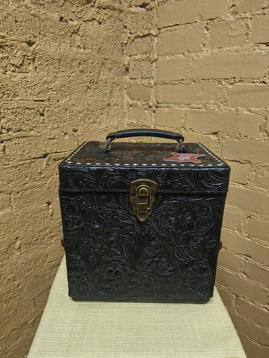 Black Leather Tooled Train Case Jewelry Box