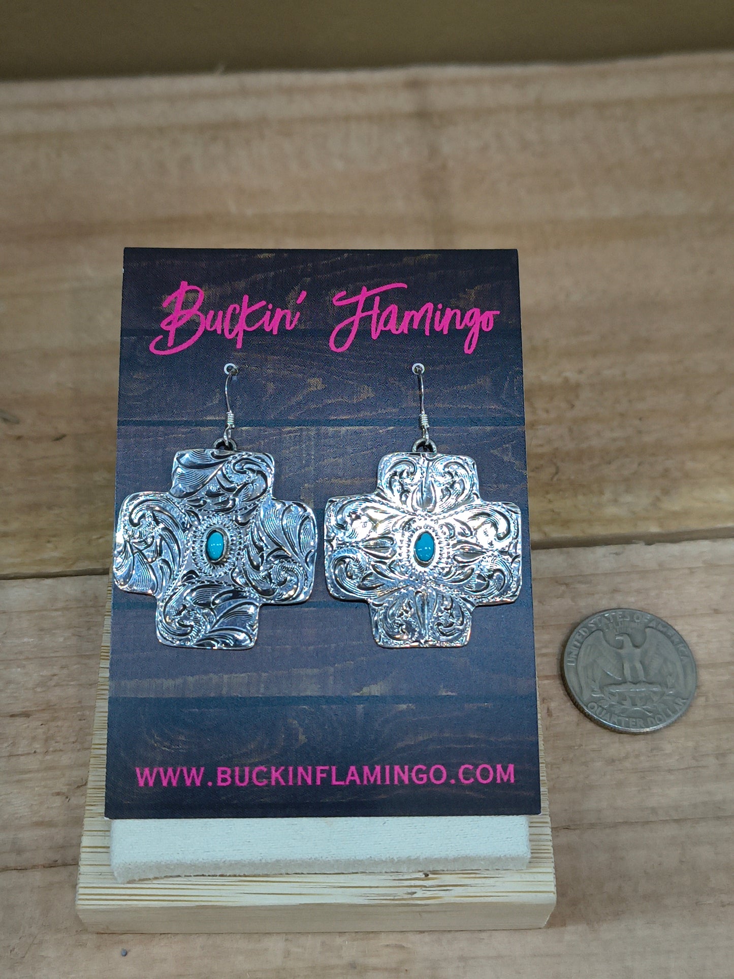 Engraved Turquoise Cross Dangle Earrings by Arthur Burgerman, Navajo