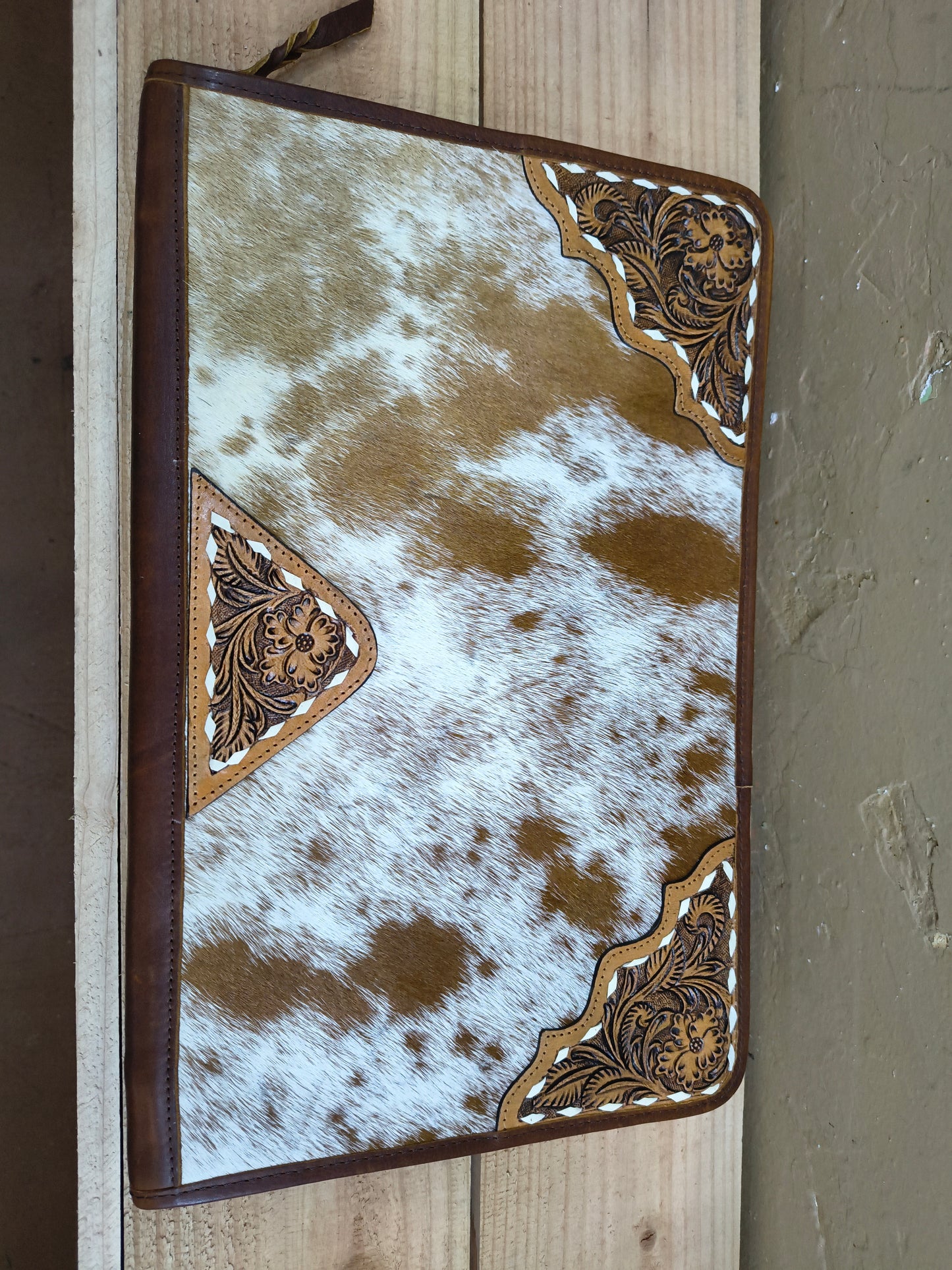 Tooled Leather and Cowhide Necklace Flat Jewelry Holder