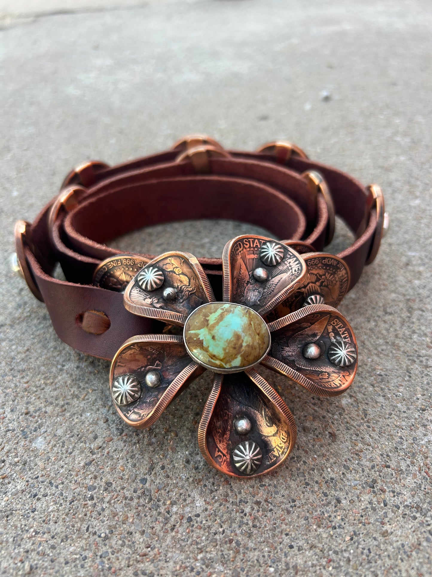 Copper 1 oz Coin on Leather Belt by James Begay, Jr., Navajo