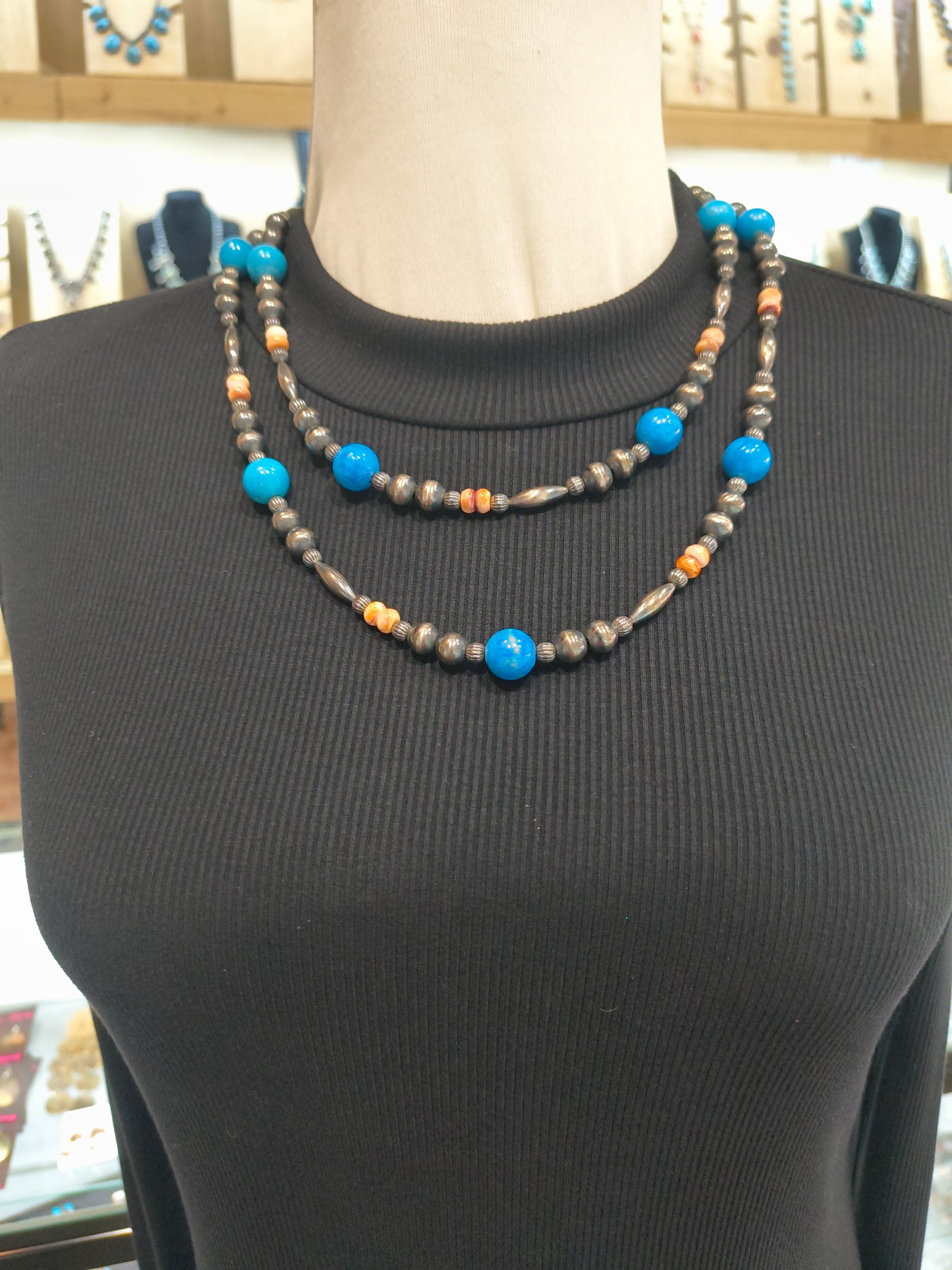 44" Navajo Style Pearls with Spiny Oyster and Turquoise Beads