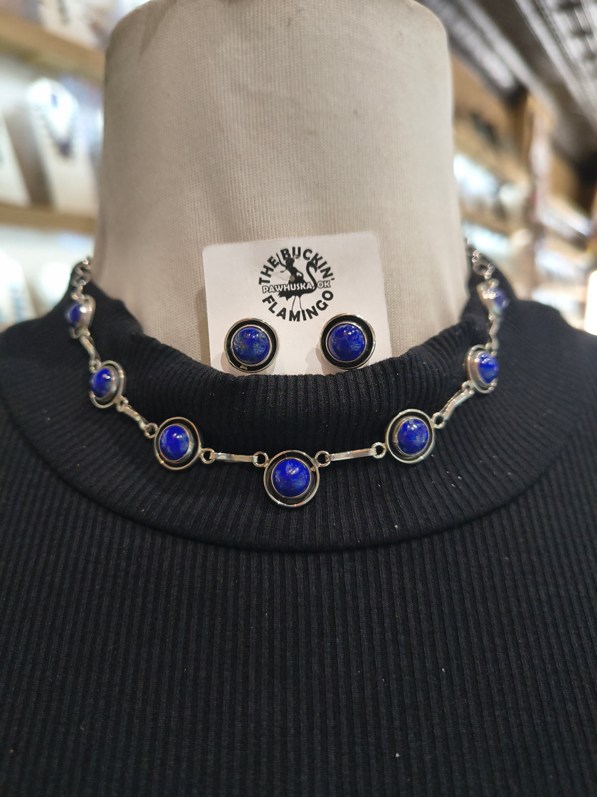 16" 7 Stone Lapis Necklace & Earring Set by Martin Perry, Navajo