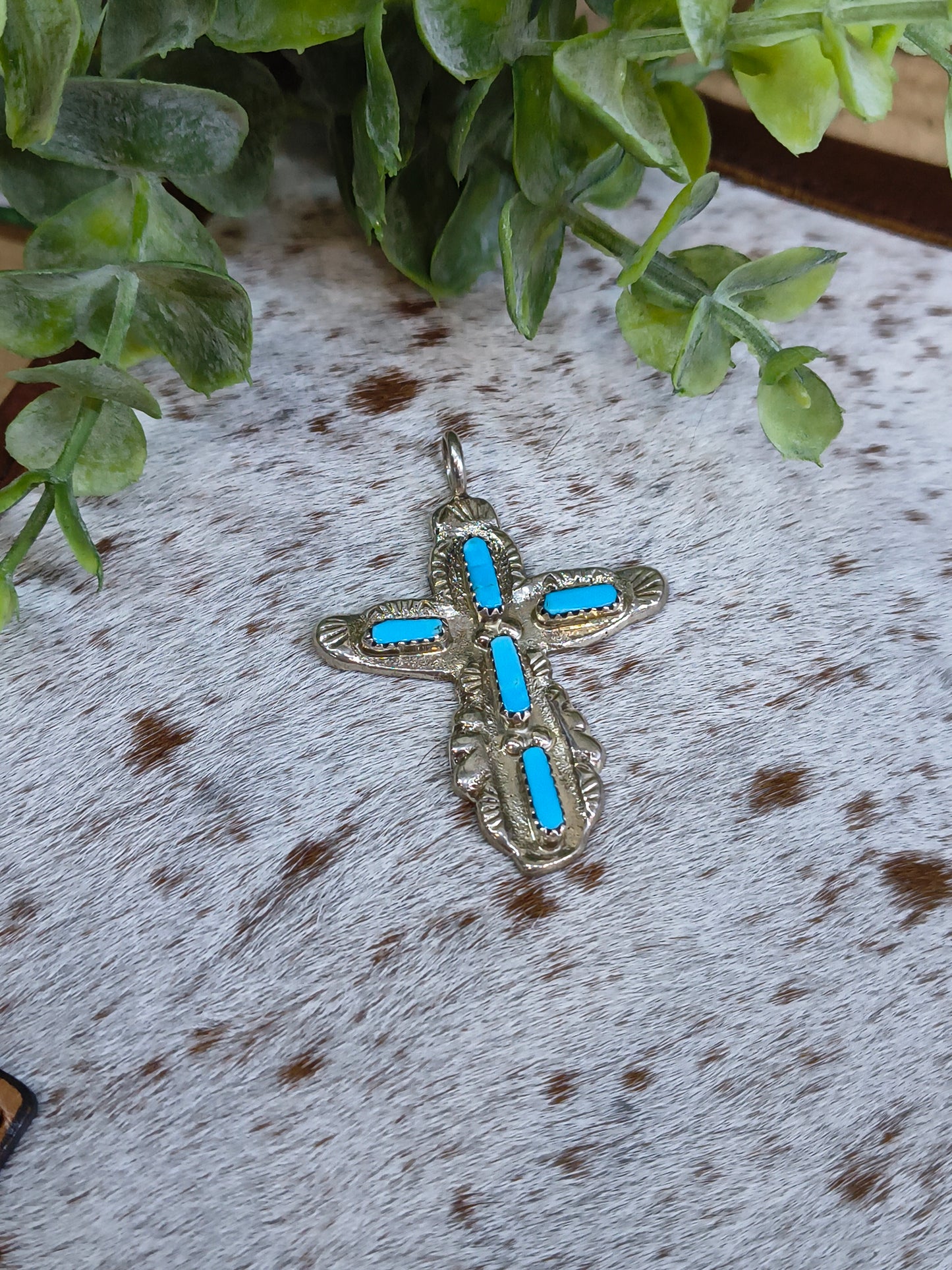 Sleeping Beauty Turquoise Cross Pendant 5mm Bail by Cecilia Lule, Zuni