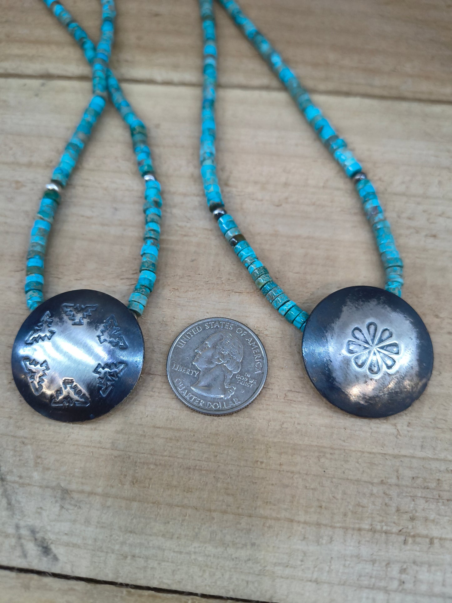 18" Handmade Turquoise Heishi Bead Necklace with Sterling Silver Stamped Pillow Bead by Maryetta Daukei Kellywood, Navajo