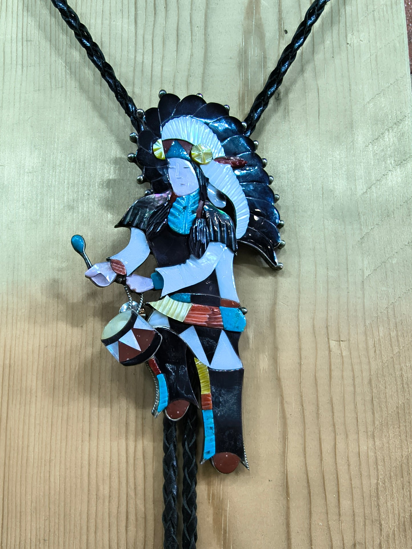 Inlay Drummer Black Bolo by Johnathan Beyuik - Zuni