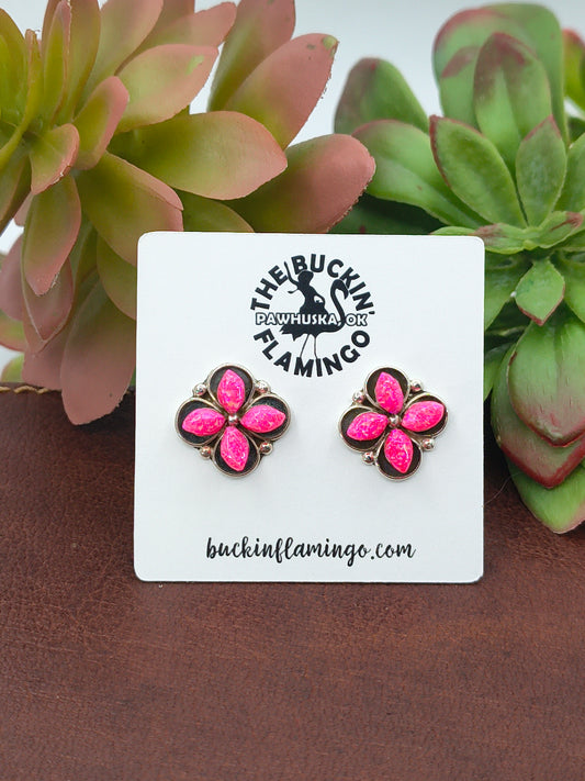 Hot Pink Opal Earrings by Kenneth Natewa & Velda Cachini, Zuni