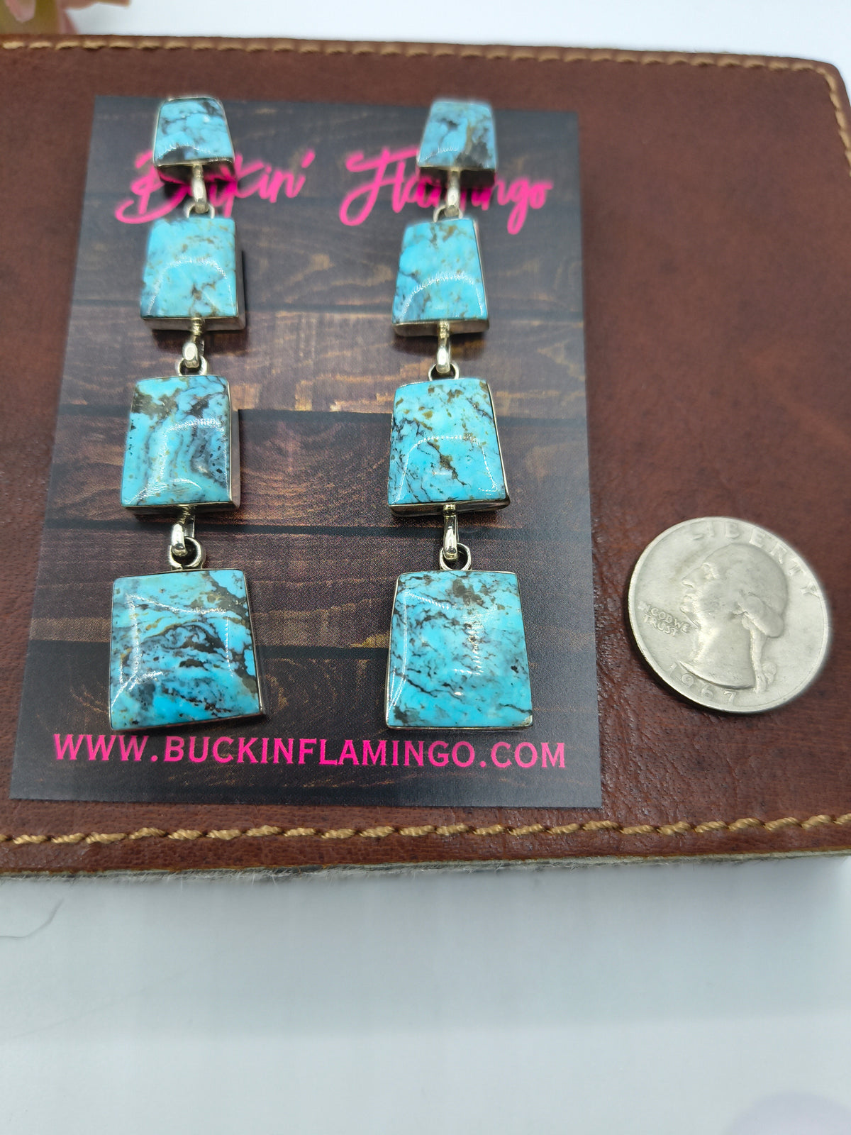 3" Long 4 Stone Turquoise Dangle Earrings by Jennifer Cayaditto, Navajo