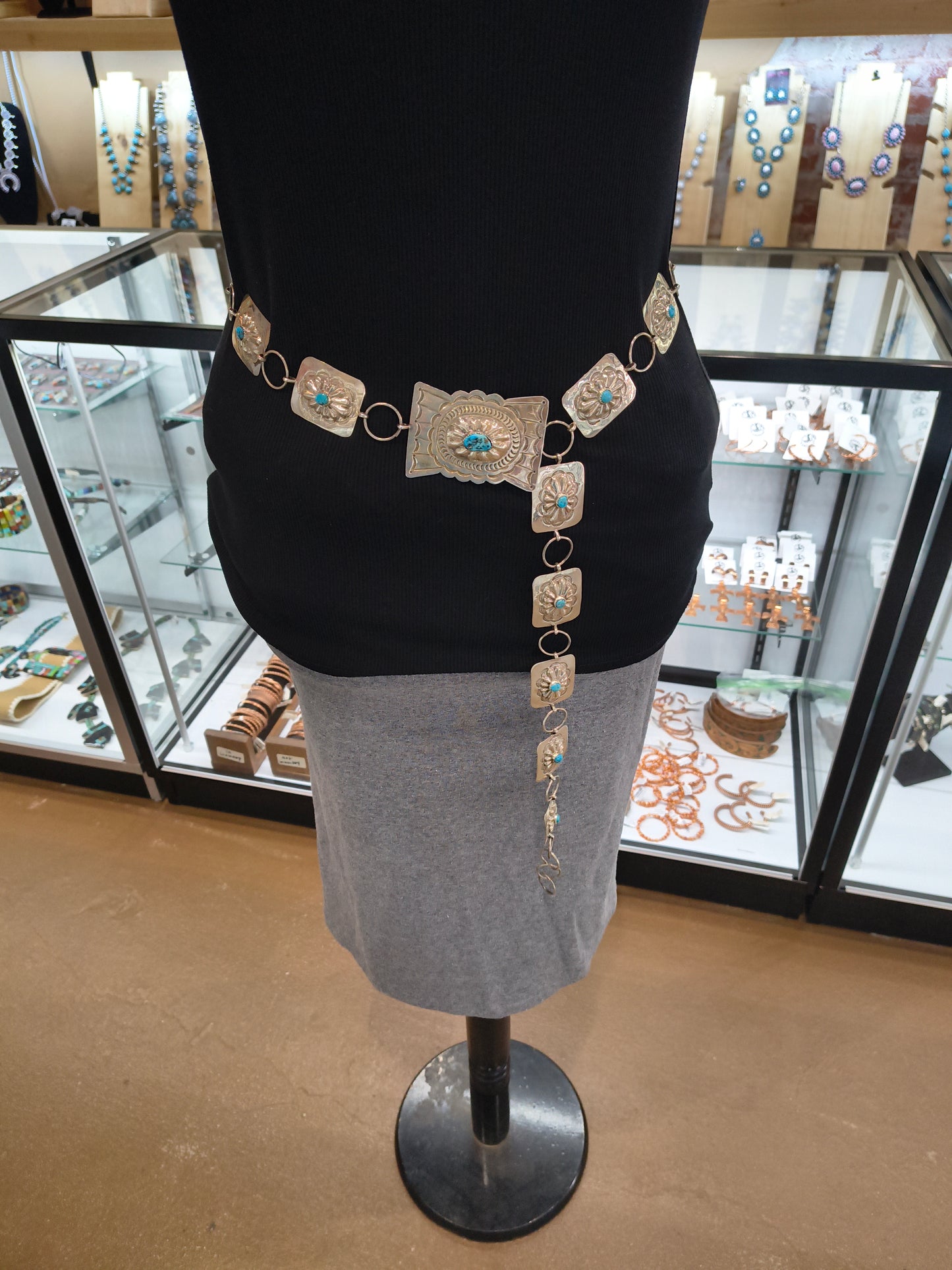 Silver Square Concho Belt with Turquoise by Louise Yazzie, Navajo