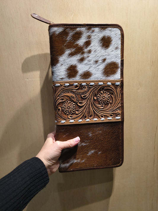 Medium Brown Tooled Leather and Cowhide Necklace Flat Jewelry Holder