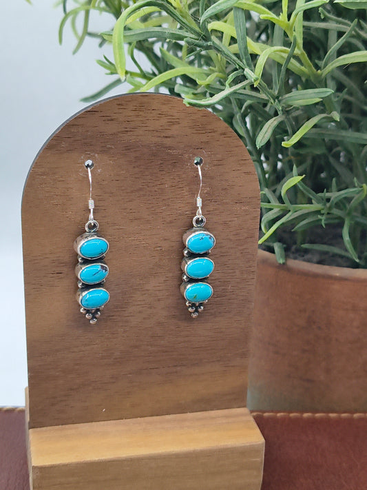 3 Stone Kingman Turquoise Drop Dangle Earrings by Gary Shorty, Navajo