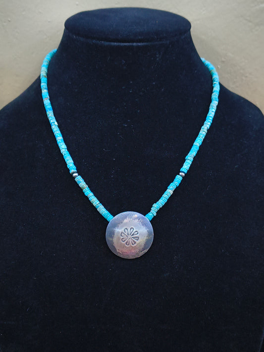 18" Handmade Turquoise Heishi Bead Necklace with Sterling Silver Stamped Pillow Bead by Maryetta Daukei Kellywood, Navajo
