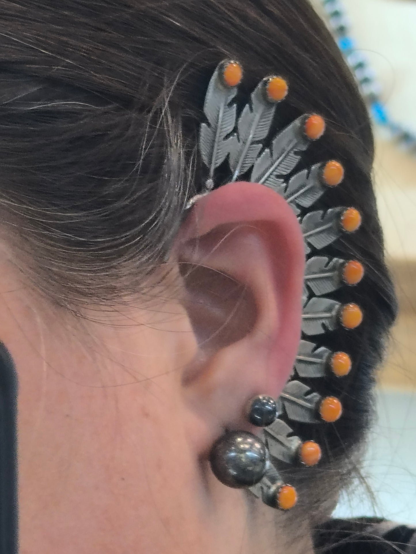 Orange Spiny Oyster Feather Right Ear Cuff